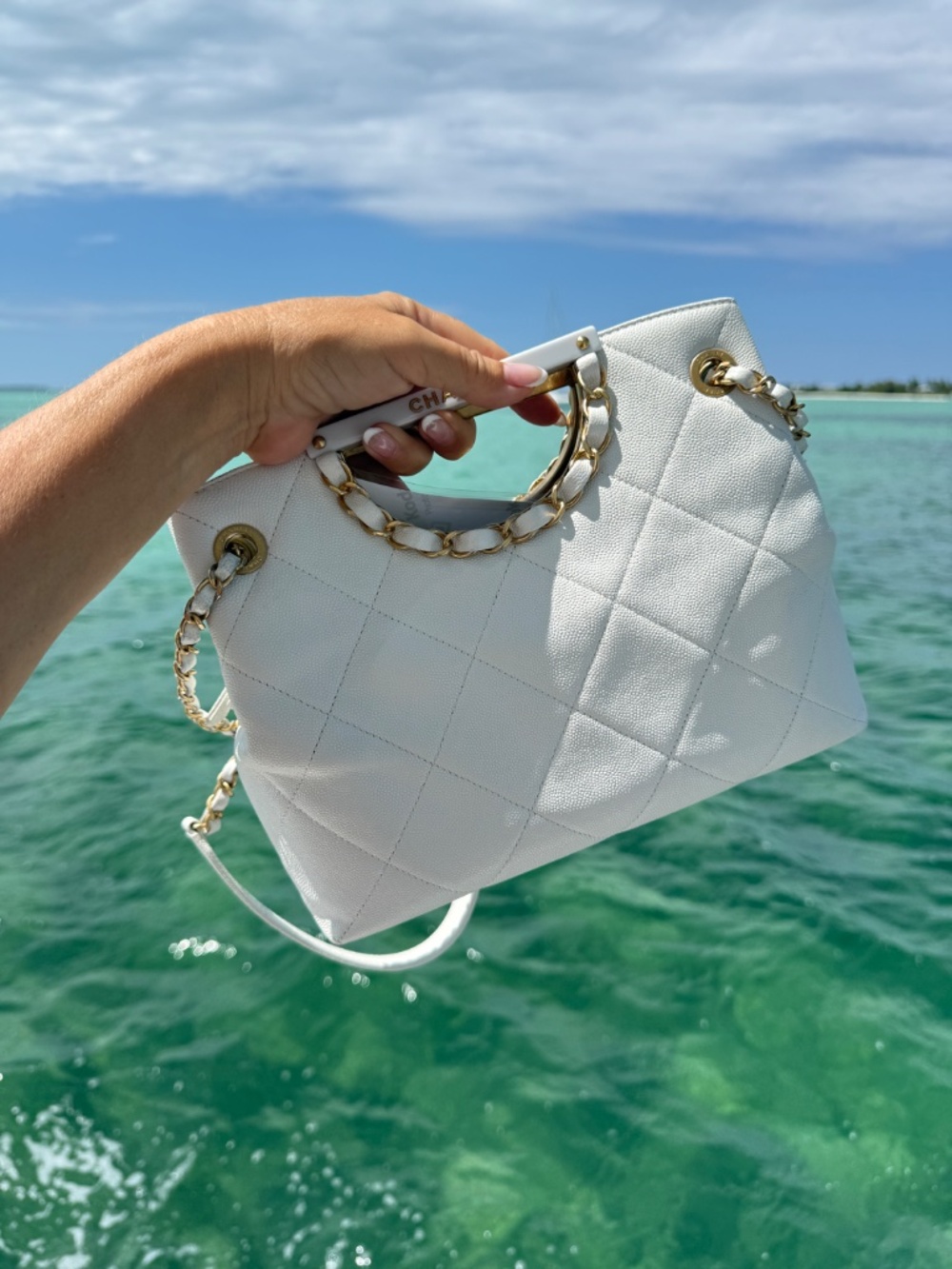 Chanel A Real Catch Handbag in White Caviar Leather Pre-Owned